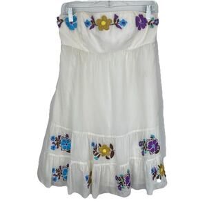 Tibi New York Strapless Mini Dress Women's Size 8 Ivory Silk Cotton Embroidered
